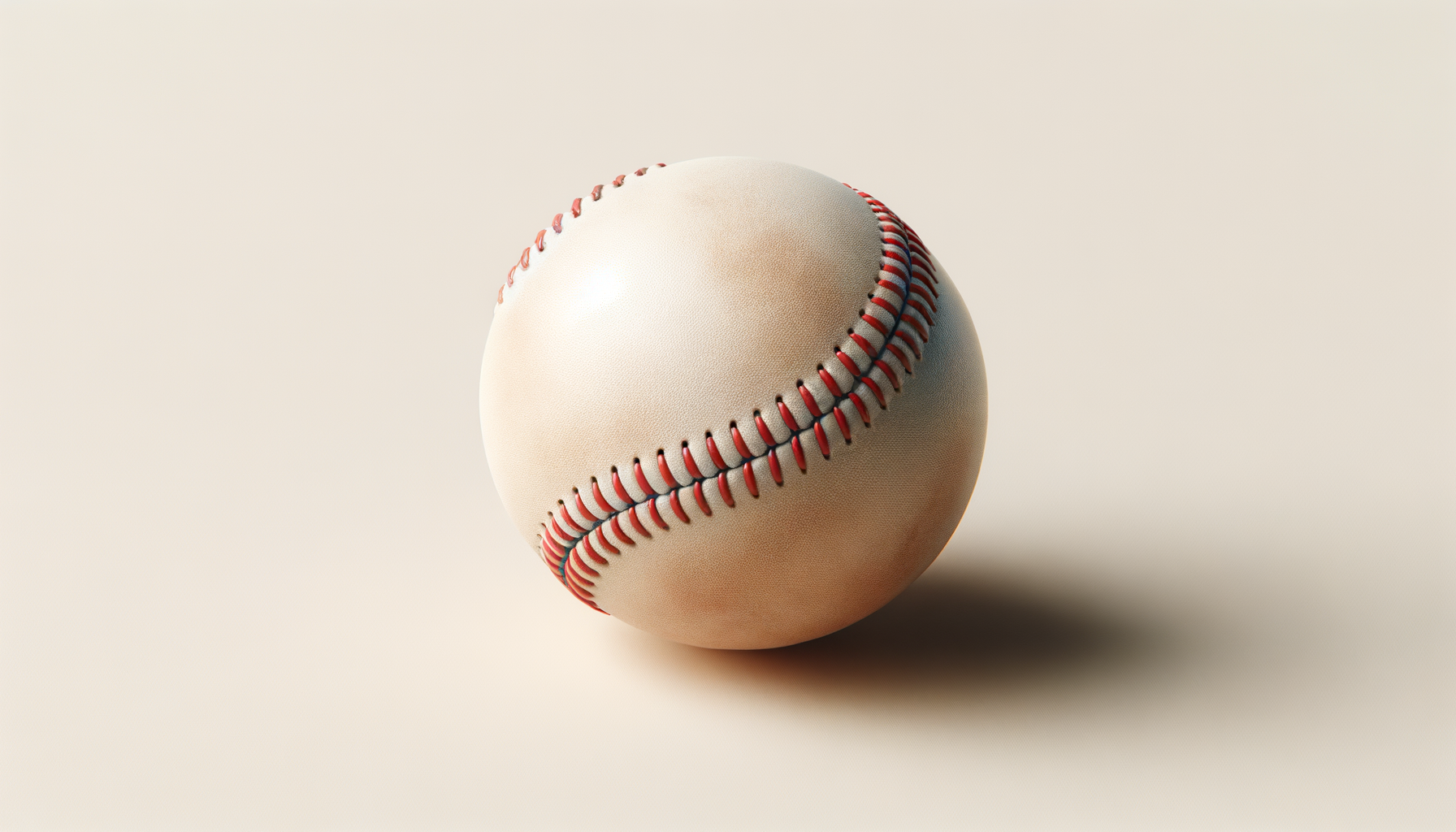A close-up of a baseball with red stitching on a plain beige background.