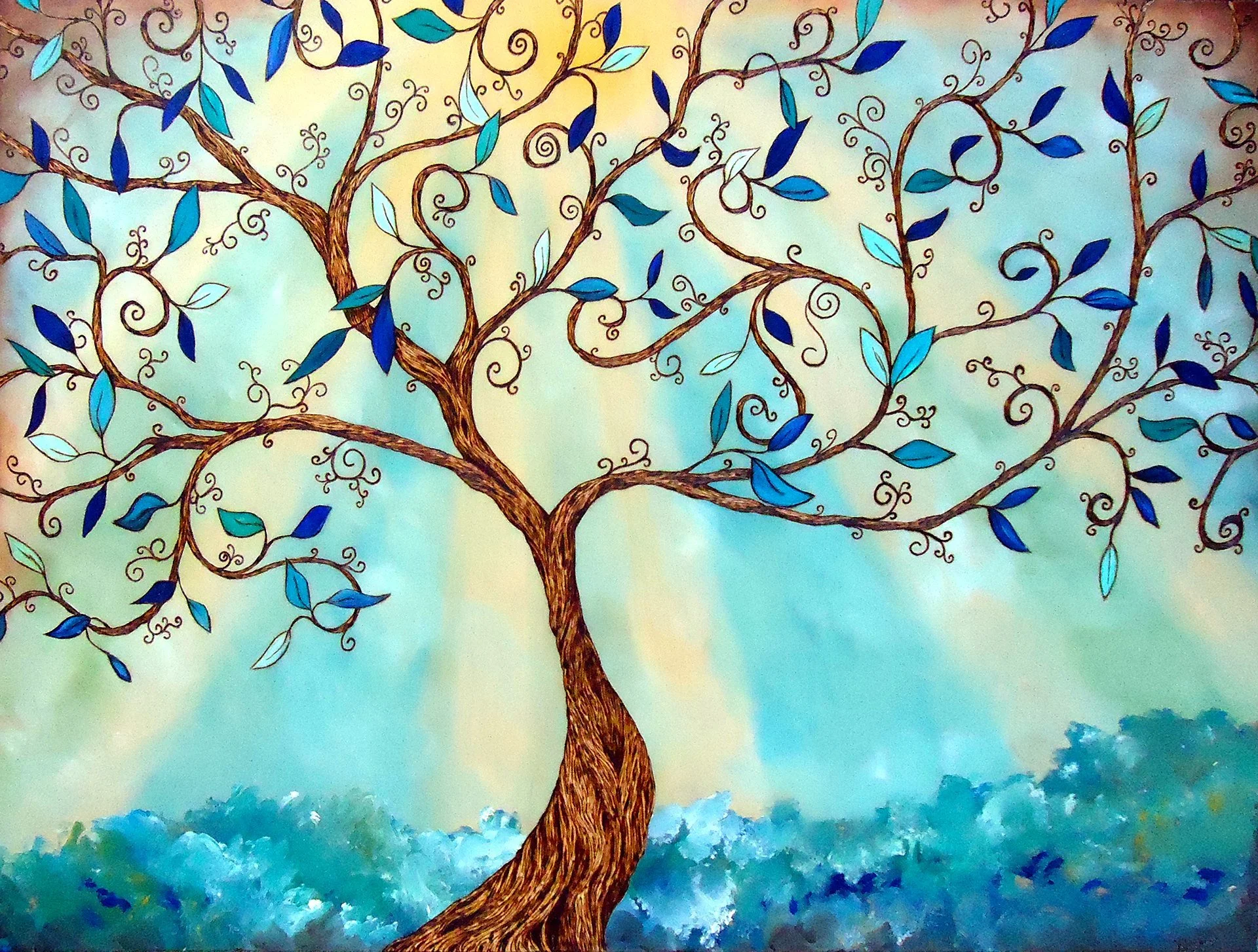 SPRING TREE, 2016
wood burning and oil on birch panel
24" x 36"