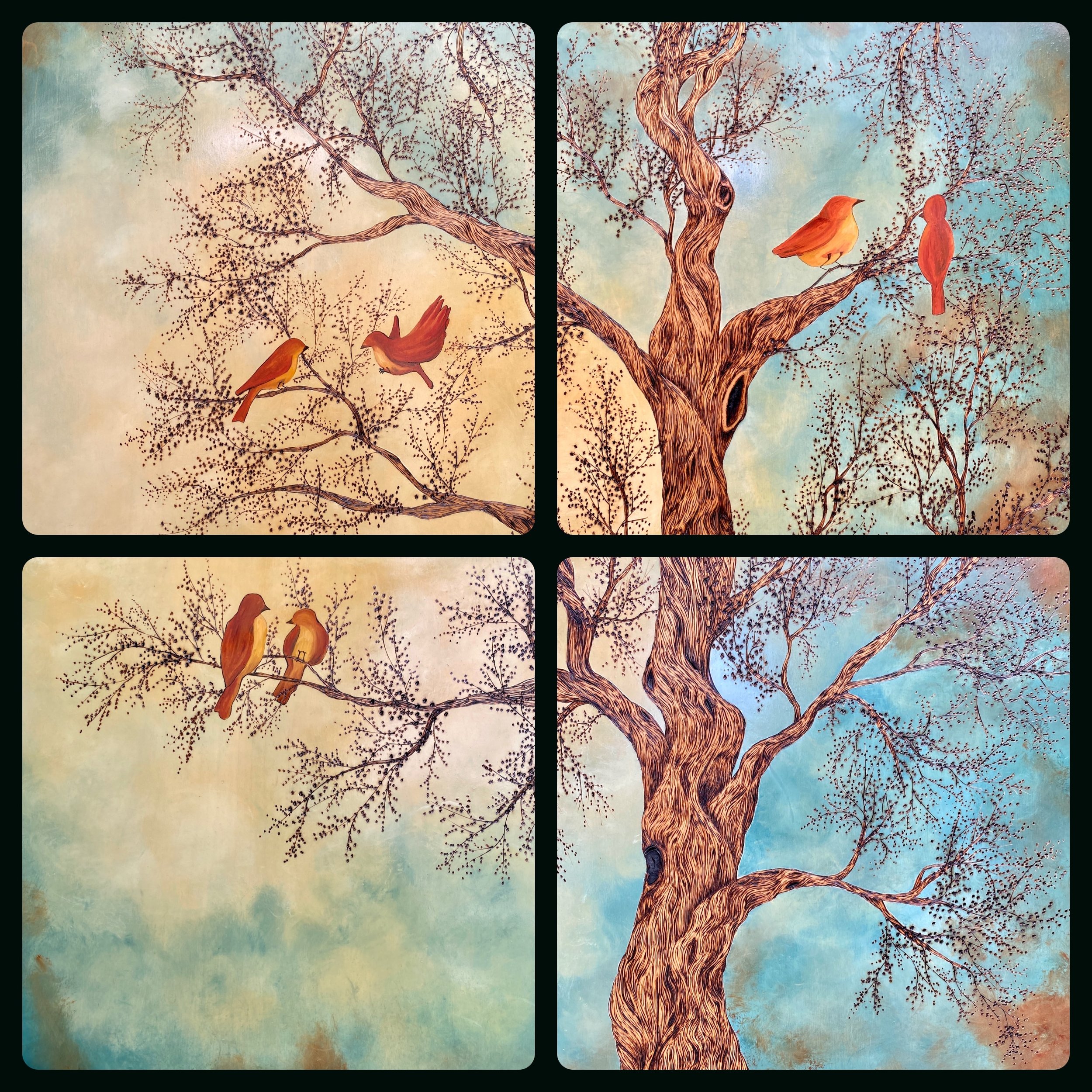 BIRD SOCIAL (4pc), 2022
wood burning and oil on birch panel
48" x 48"