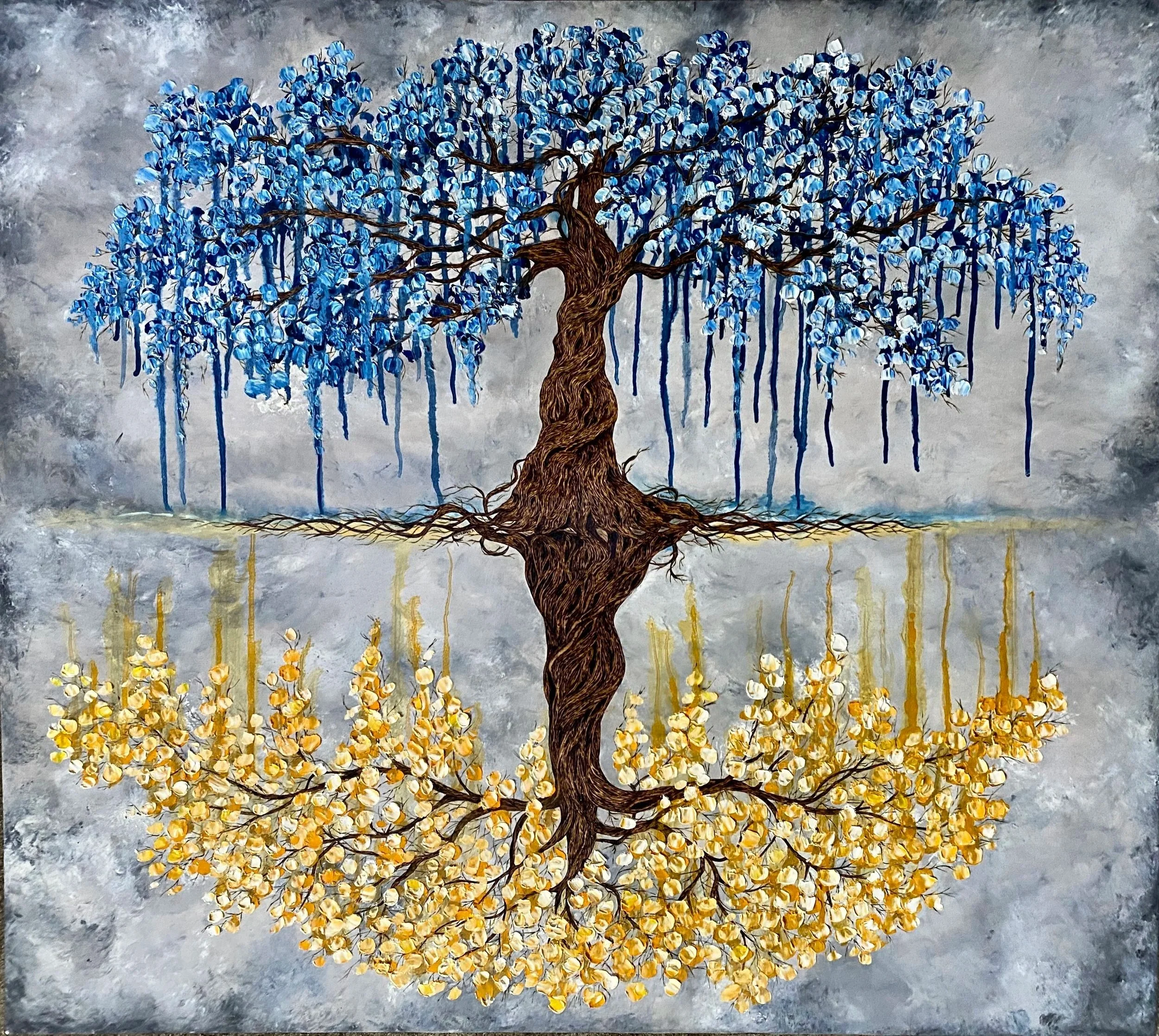 REFLECTIONS, 2022
wood burning and oil on burch panel
48" x 54"