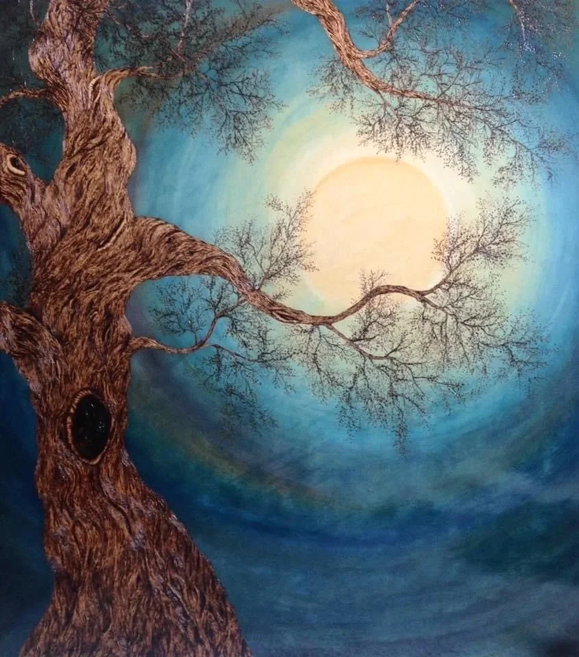 HAUNTY NIGHT, 2018
wood burning and oil on birch panel
66" x 48"