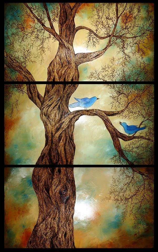 BIRD TALK (3 PC),  2016
wood burning and oil on birch panel
72" x 36"
