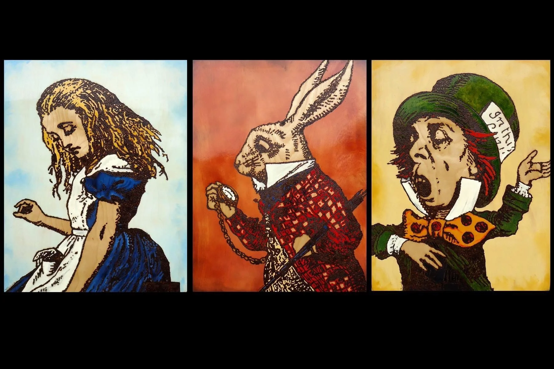 WONDERLAND SET: CURIOUS, TIME, MADDNESS (3PC), 2015
wood burning and oil on birch panel
24" x 36"