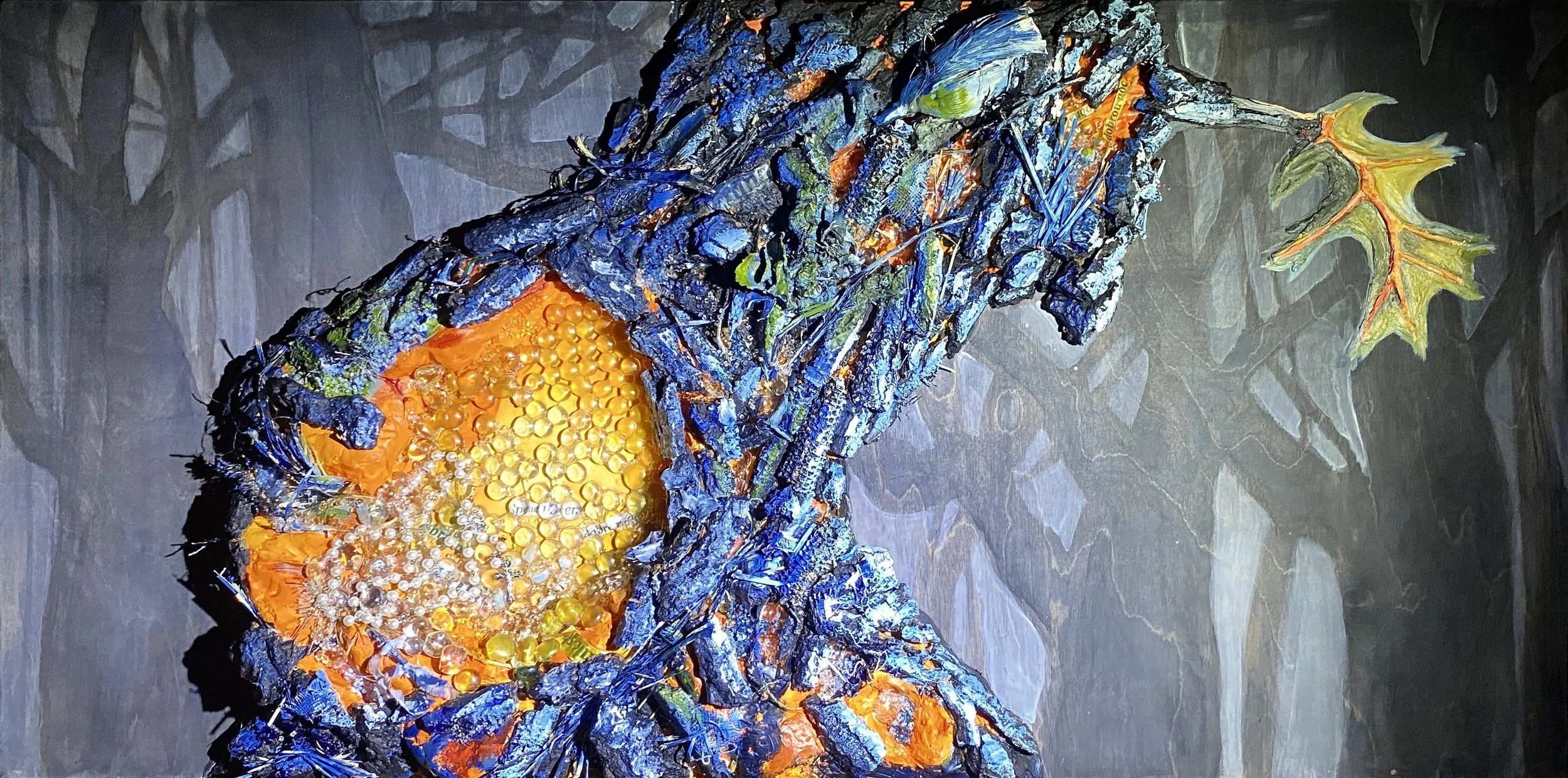 LIFE FORCE, 2023
acrylic, bark, milo, clear glue, leaves, fungus, glass, paper, husk, heavy gel matte, rosary, ink on wood panel
24" x 48" x 4.25"