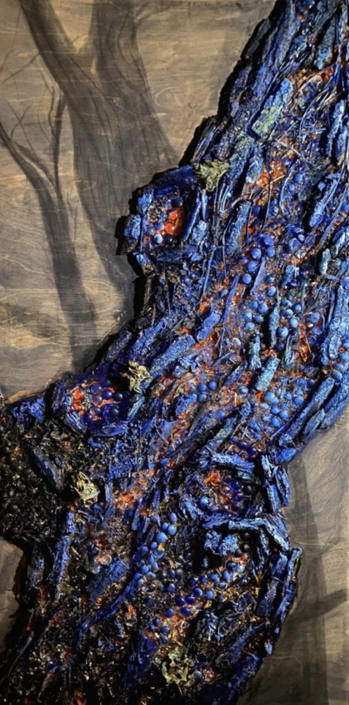 SOUL, 2023
acrylic, bark, milo, clear glue, leaves, fungus, grass, paper, husk, heavy gel matte, ink on wood panel
48" x 24" x 3.25"