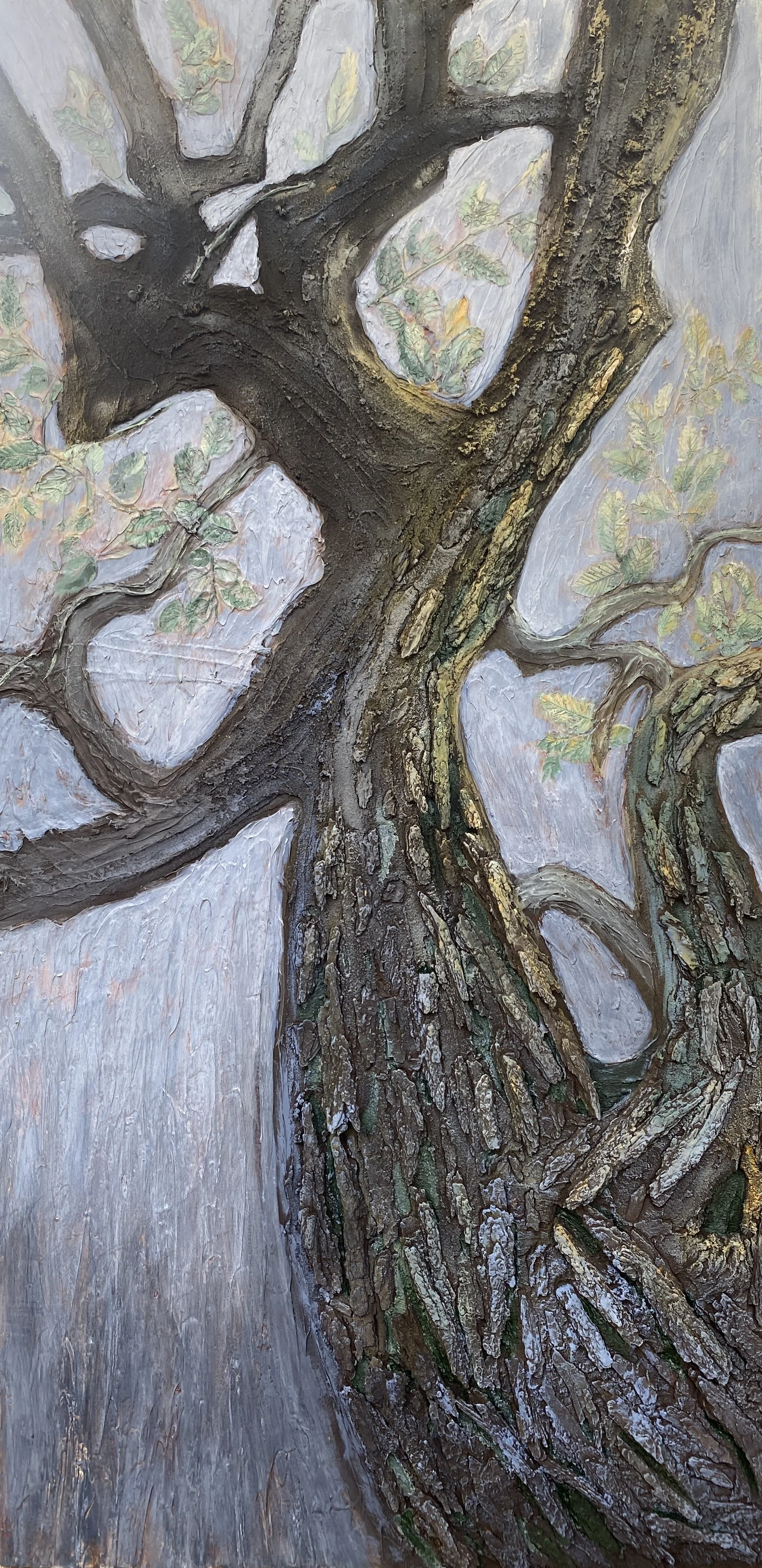 CHASING THE LIGHT, 2023
acrylic, texture paste, sand, leaves, ink on wood panel
48" x  24"" x 3.25"