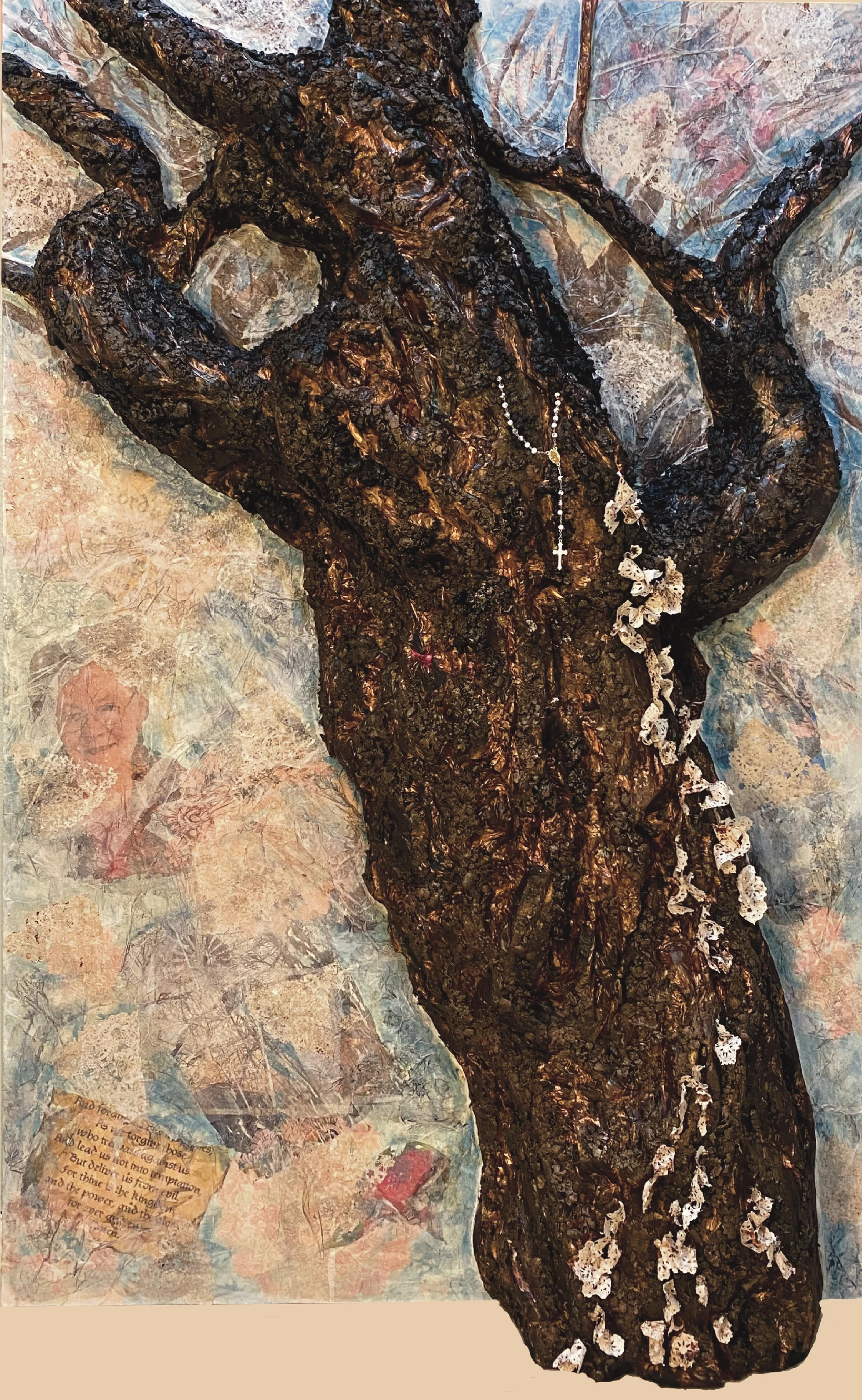 MARY'S INTERCETION, 2025
foam, acrylic, pecans, pecan stain, rice paper, oil stick, doillies, rosary, LED on masonite
72" x 48" x 12"