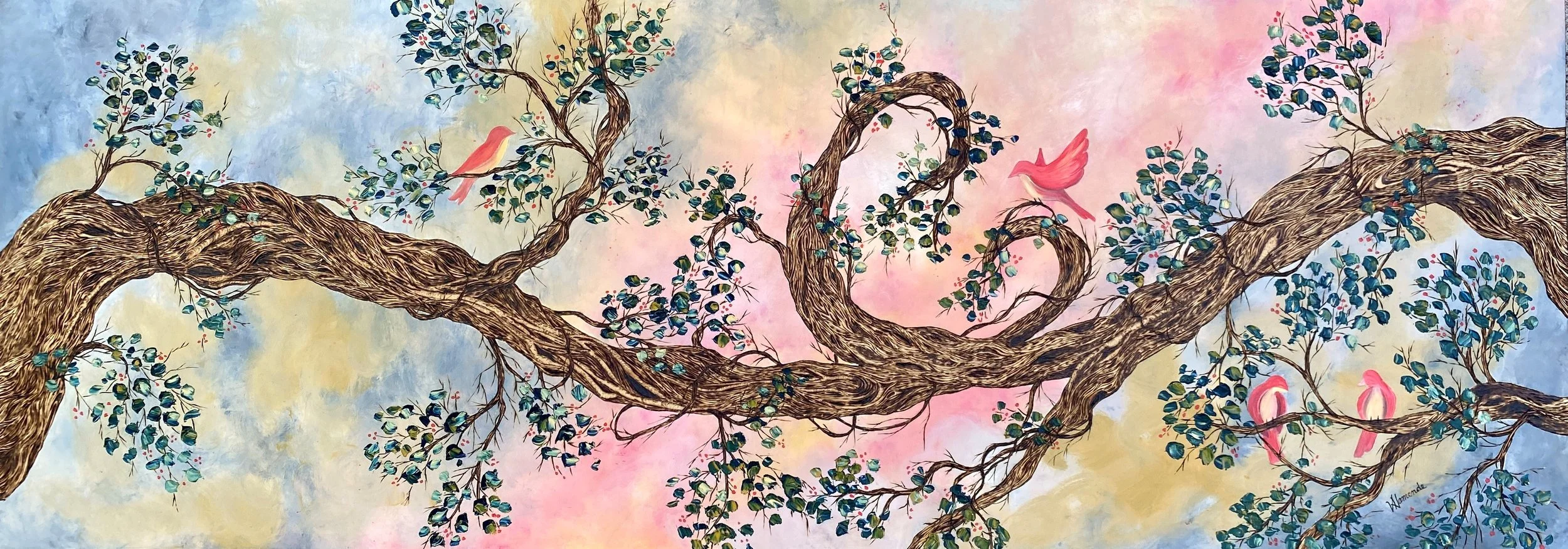 GRAPEVINE, 2022
wood burning and oil on birch
24" x 48"