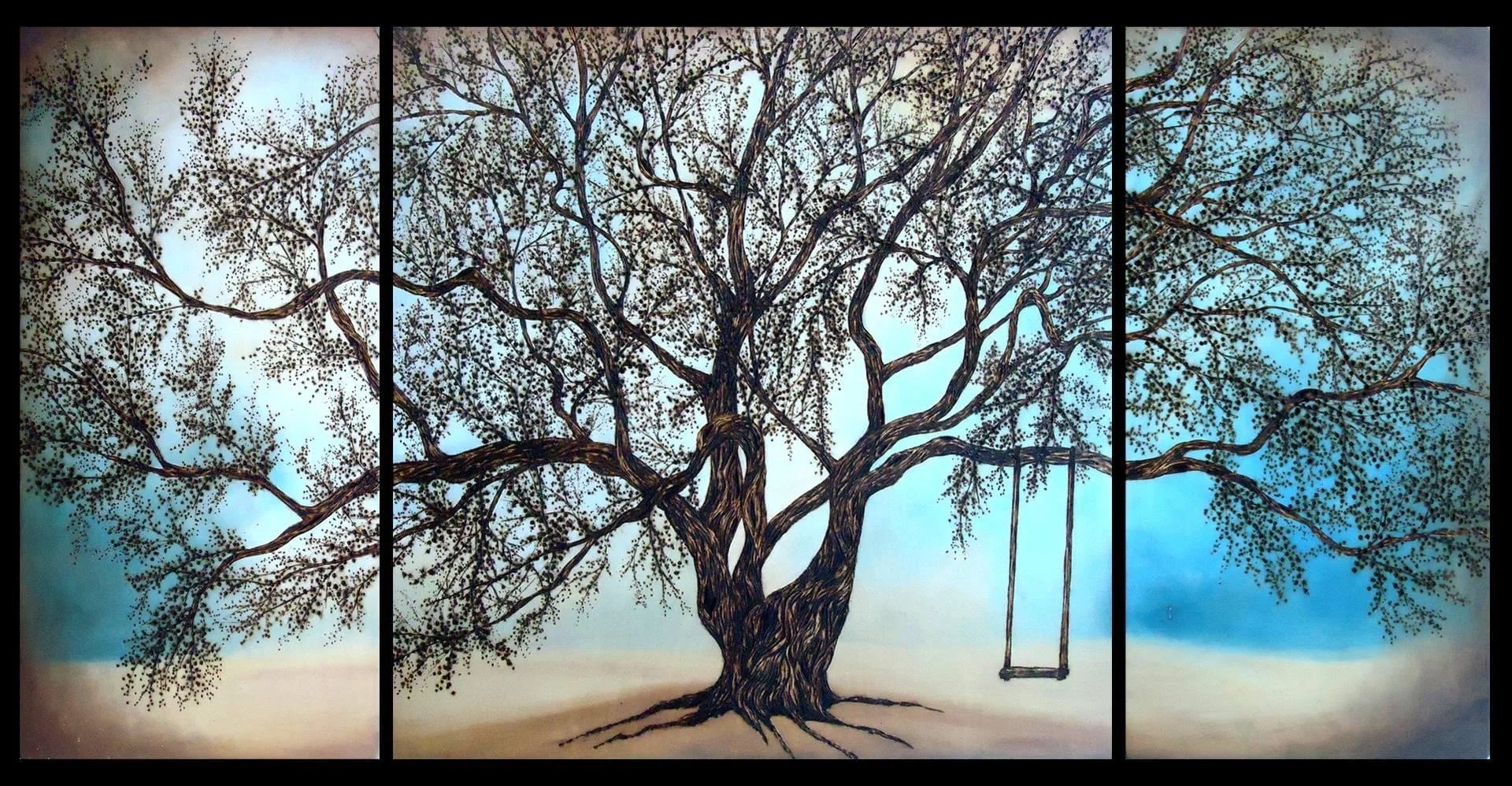 SIMPLE PLEASURES (3pc), 2017
wood burning and oil on birch panel
24" x 48"