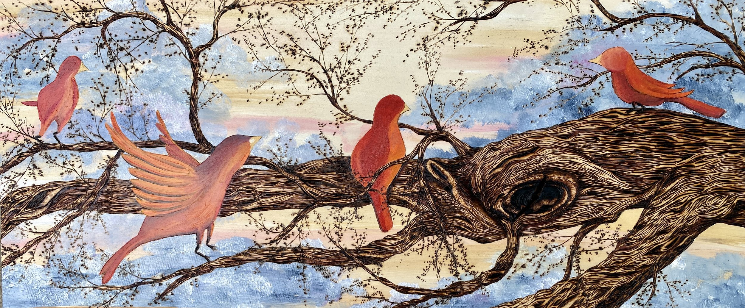 OUT ON A LIMB, 2022
wood burning and oil on burch panel
14" x 24"