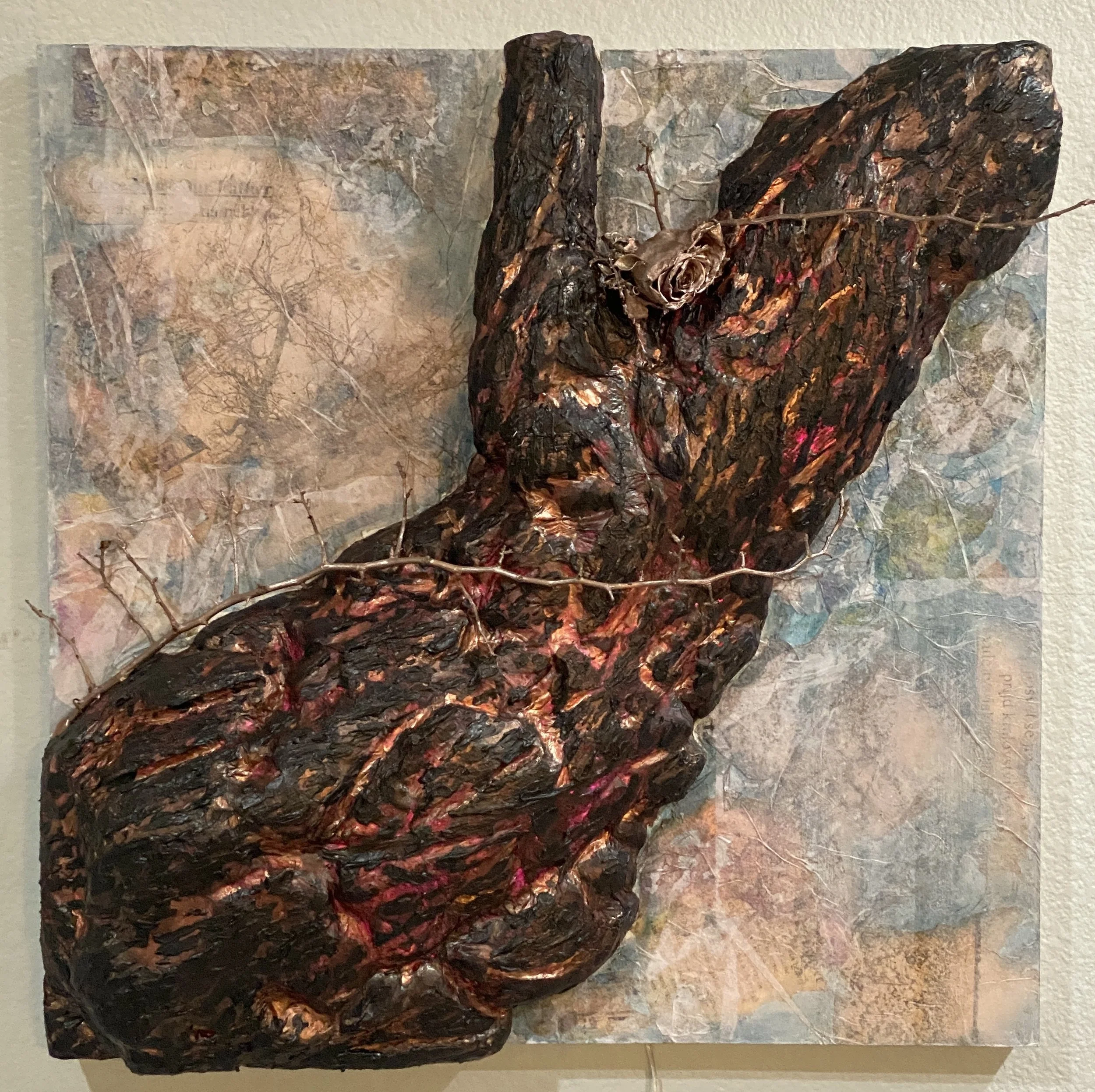 GRANDMA'S GLOW, 2025
foam, acrylic, pecan stain, rice paper, spray paint, rose vine, oil stick, LED lights on masonite
24" x 24" x 5.5" 