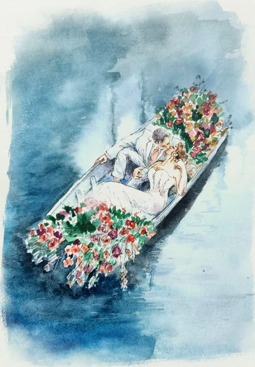 A watercolor painting of a bride and groom on a boat decorated with flowers, with the groom leaning over the bride, seemingly kissing her.
