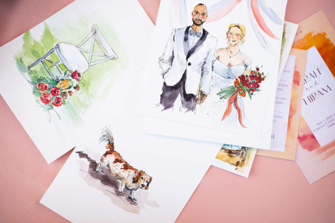 Live wedding watercolor painting of couple or pets in Orlando area