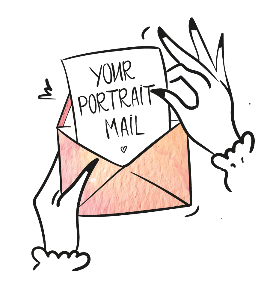 Illustration of a hand holding an envelope with a letter that says "Your Portrait Mail" and a small heart at the bottom.