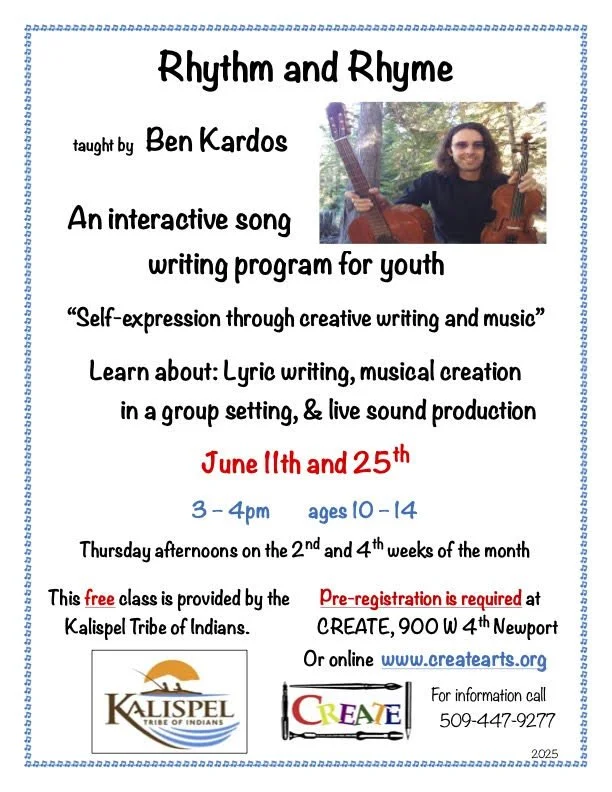 Flyer advertising 'Rhythm and Rhyme,' an interactive song writing program for youth, taught by Ben Kardos, for ages 10-14. Scheduled for June 11th and 25th, from 3 to 4 pm, on Thursdays during the 2nd and 4th weeks of the month. Free class at Kalispe