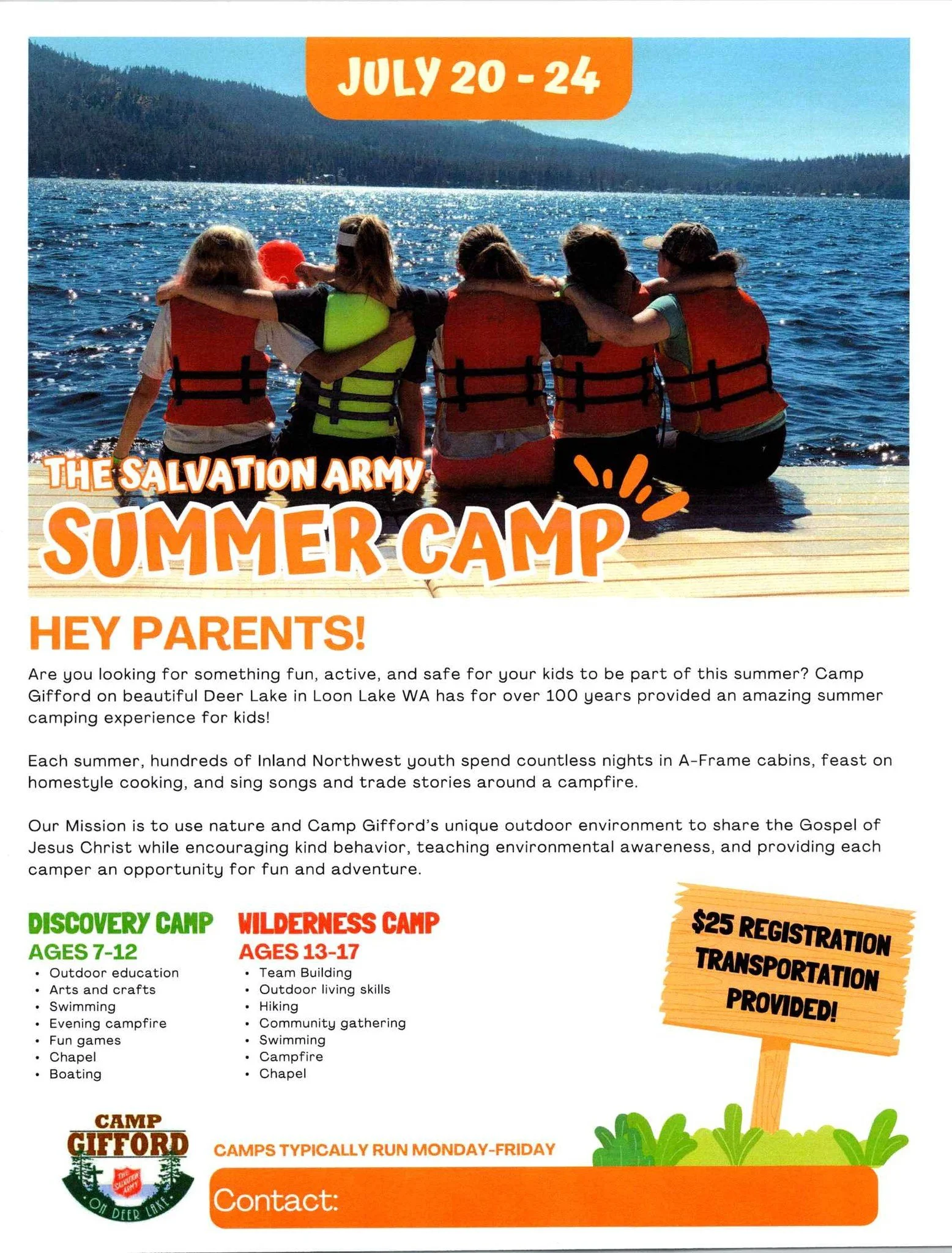 Children sitting by a lake wearing orange life jackets, with mountains and water in the background, promoting a summer camp.
