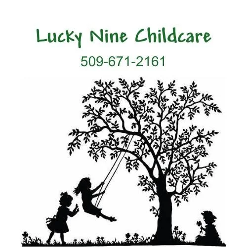 Silhouette of children playing near a tree on a flyer for Lucky Nine Childcare with contact number 509-671-2161.