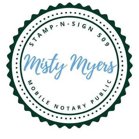 STAMP-N-SIGN 509
As a 24/7 mobile notary, my job is to make
notarizing your documents easy and
convenient; at a location of your choice and
a day and time of your choice. 
I am WA. State  Commissioned, bonded,
insured, background screened, and a
cert