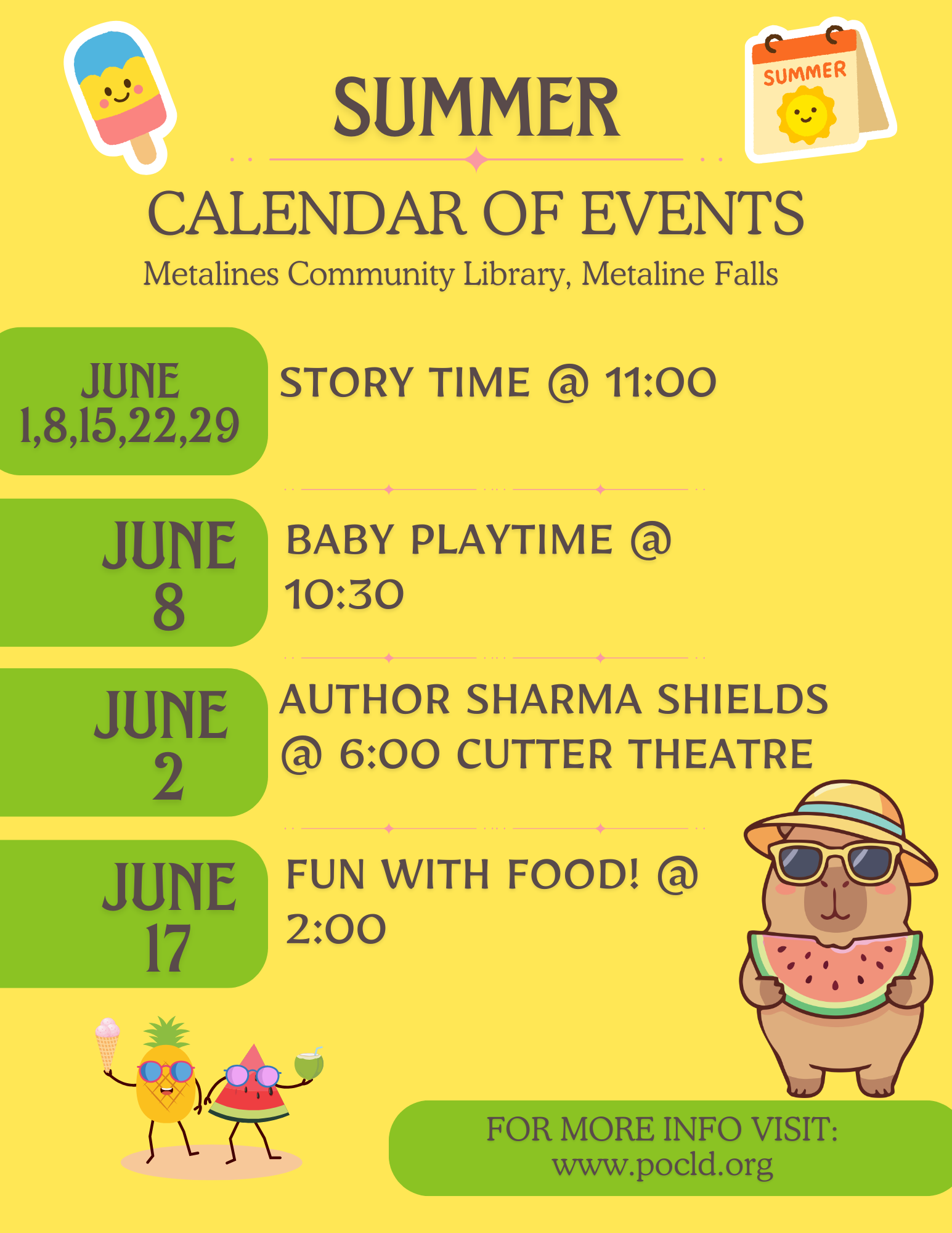 A bright yellow summer event calendar poster for the Metalines Community Library and Metaline Falls. It features cartoon summer characters such as a popsicle, pineapple, watermelon, and coconut drink at the top and bottom. Important events in June in