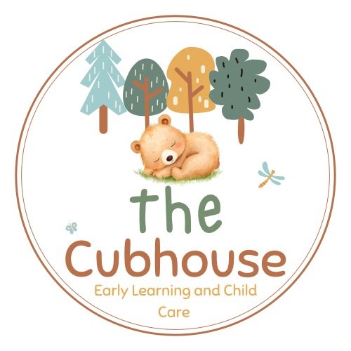 Logo for 'The Cubhouse,' featuring a sleeping bear cub surrounded by trees and a dragonfly, with text indicating early learning and child care.