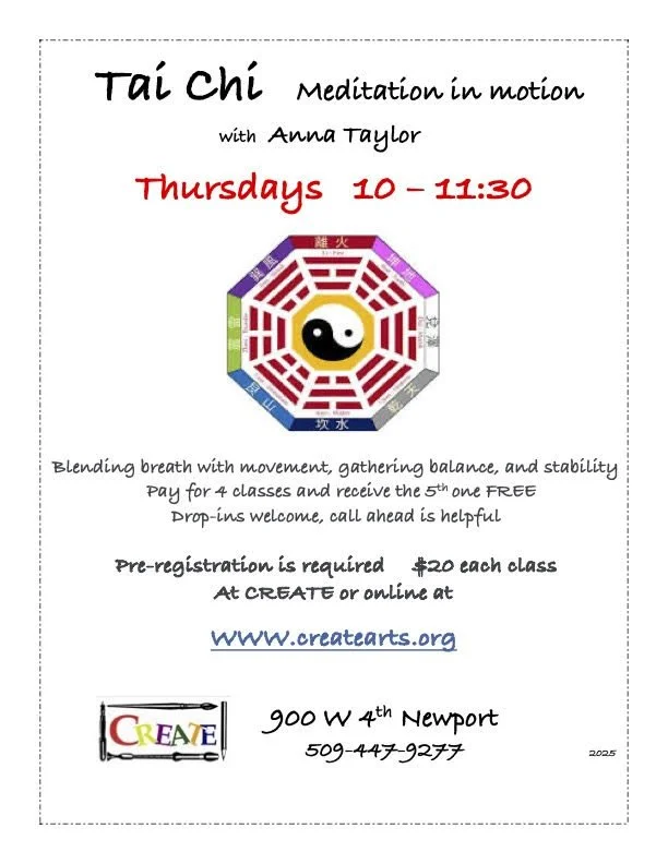 Flyer for Tai Chi meditation in motion classes with Anna Taylor, held Thursdays from 10 to 11:30 am. The flyer includes a colorful feng shui symbol with a yin-yang in the center, and mentions pre-registration, class fees, and online registration at c