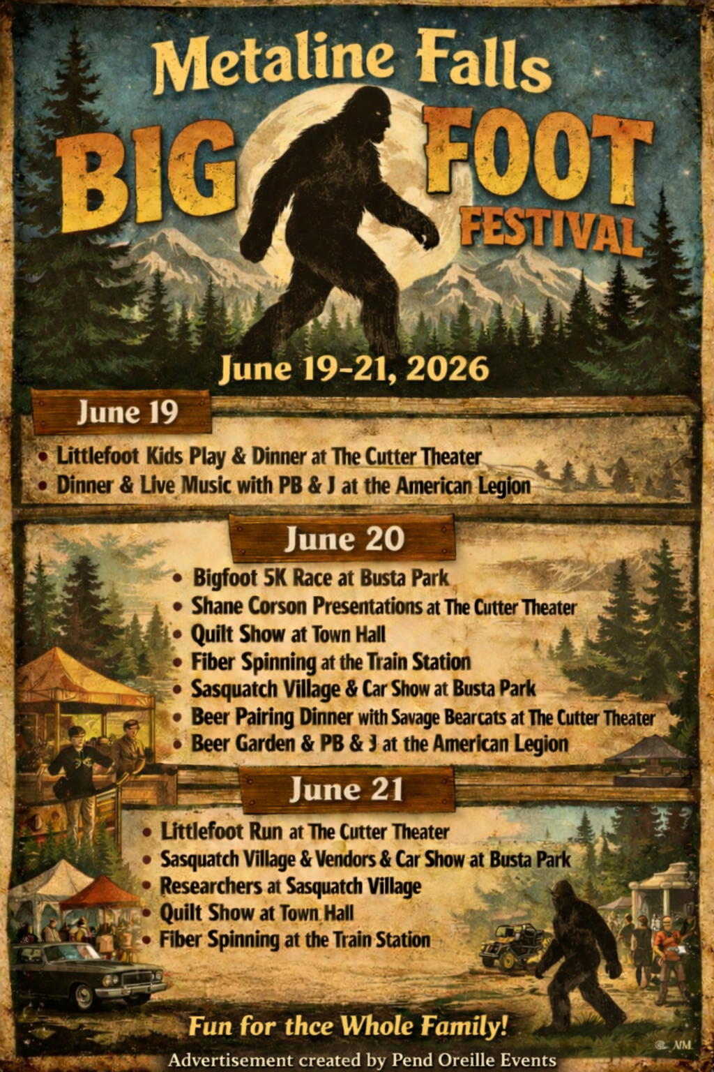 The annual Big Foot Festival in Metaline Falls is not one to miss. Come shop vendors, live music and educational speeches in Northern Pend Oreille County. 