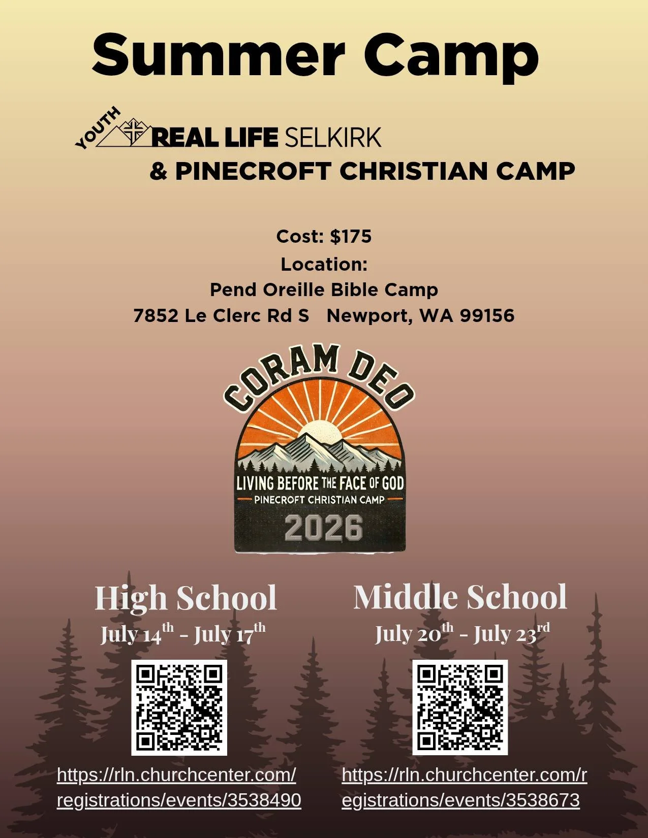 Flyer for Summer Camp at Pinecroft Christian Camp featuring mountain and sunset illustration, with details for youth and Christian camps, dates, cost, location, and QR codes for registration.