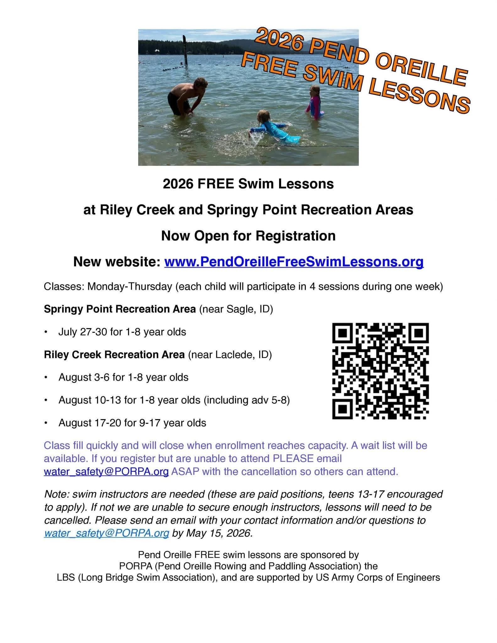 A flyer advertising free swim lessons in 2026 at Riley Creek and Springy Point Recreation Areas, near Sagle, Idaho. The flyer includes details on class schedules, registration, and a website link for more information, with a QR code at the bottom rig