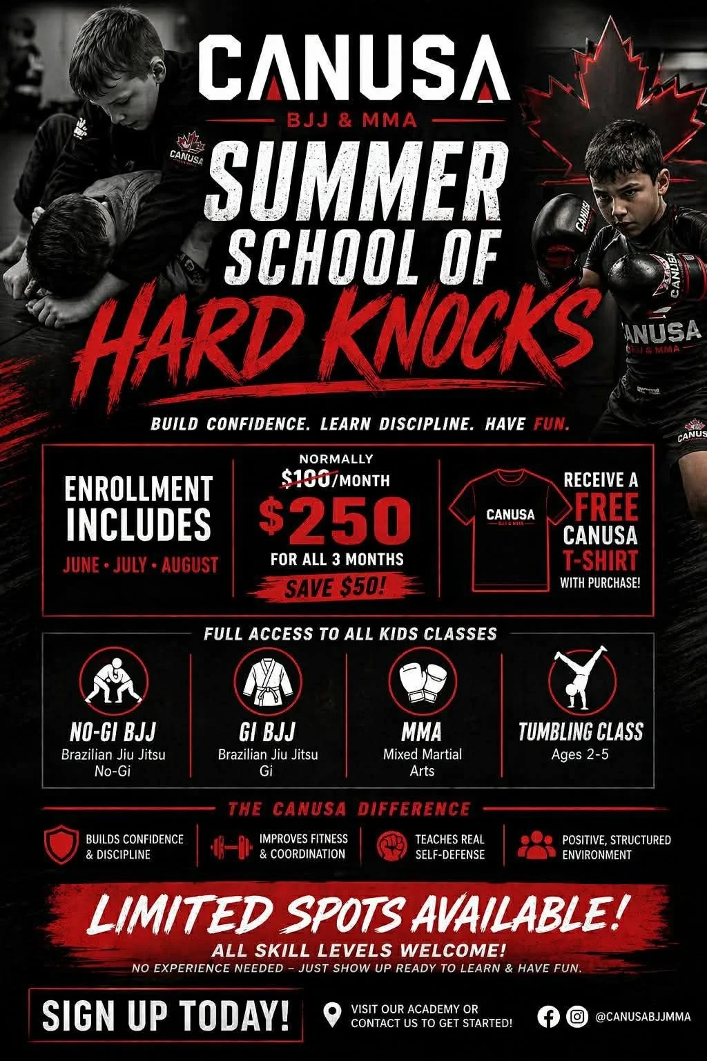 Poster advertising CANUSA summer school of hard knocks for kids, featuring images of young boys in martial arts and boxing gear, with details about enrollment, pricing, classes, and benefits.