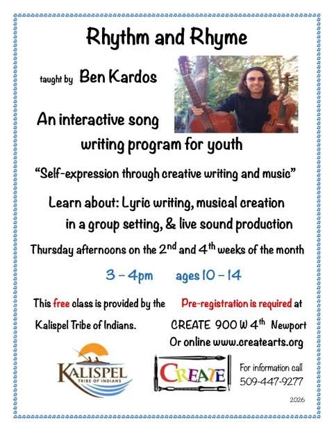 Flyer for 'Rhythm and Rhyme,' an interactive songwriting program for youth taught by Ben Kardos, featuring a photo of Ben holding guitars. Classes are free, held Thursdays at 3-4 pm for ages 10-14, with pre-registration required, organized by Kalispe