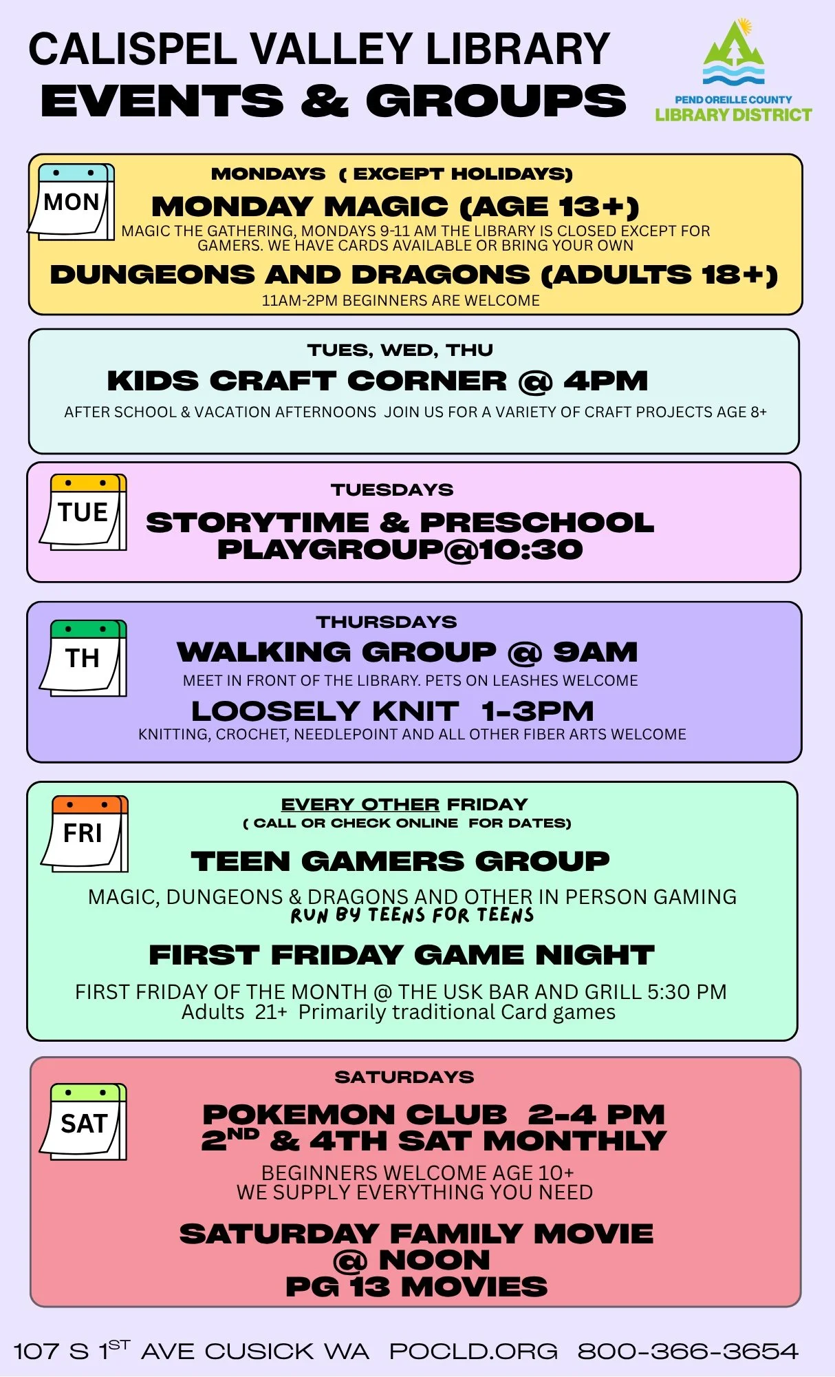 Weekly classes at Calispel Valley Library