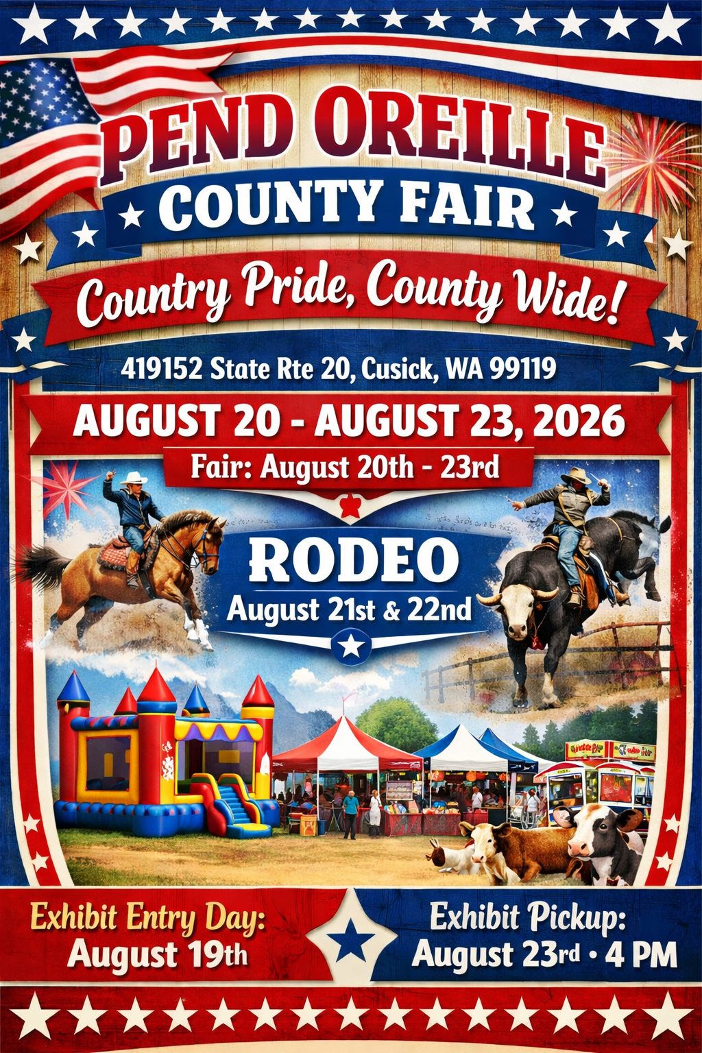 The Pend Oreille County Fair in Cusick, WA. Come shop vendors, view displays, watch competitions and see the rodeo. Tickets get you in all weekend. Always the 3rd weekend in August.