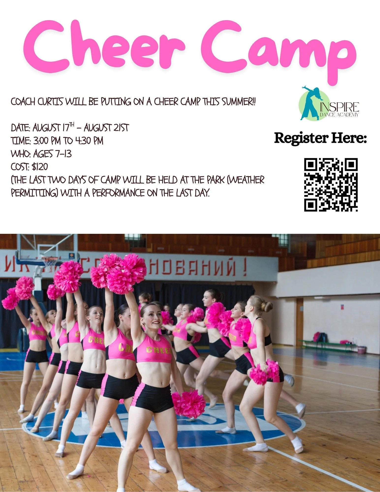 Cheerleaders in pink and black uniforms practicing in a gym with pink pom-poms.
