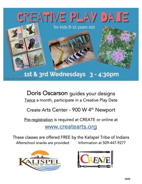 Flyer for Creative Play Date for kids aged 8-12, featuring images of arts and crafts, a wooden craft project, and flowers, with details about the schedule, location, and registration.