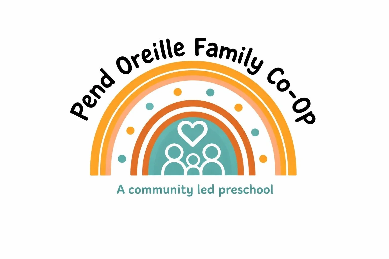 Logo for Pendar Oreille Family Co-Op featuring a rainbow with dots and a family icon with a heart above them, accompanied by the tagline 'A community led preschool'.