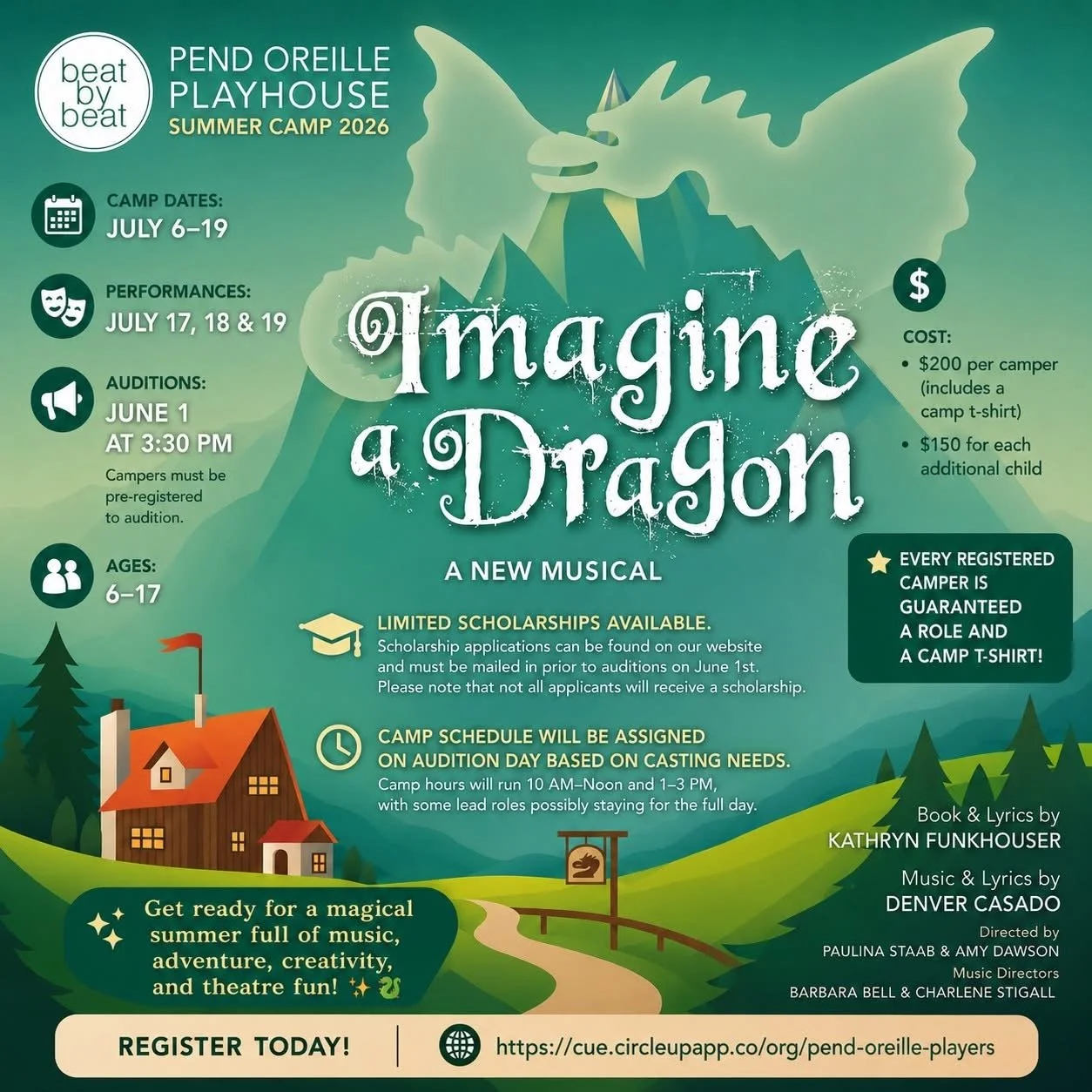 Poster for 'Imagine a Dragon,' a musical at Pend Oreille Playhouse Summer Camp 2026. Features dragon illustration, camp dates July 6-19, performances July 17-19, auditions June 1, ages 6-17, cost $200, scholarships available, camp hours 10 am to noon