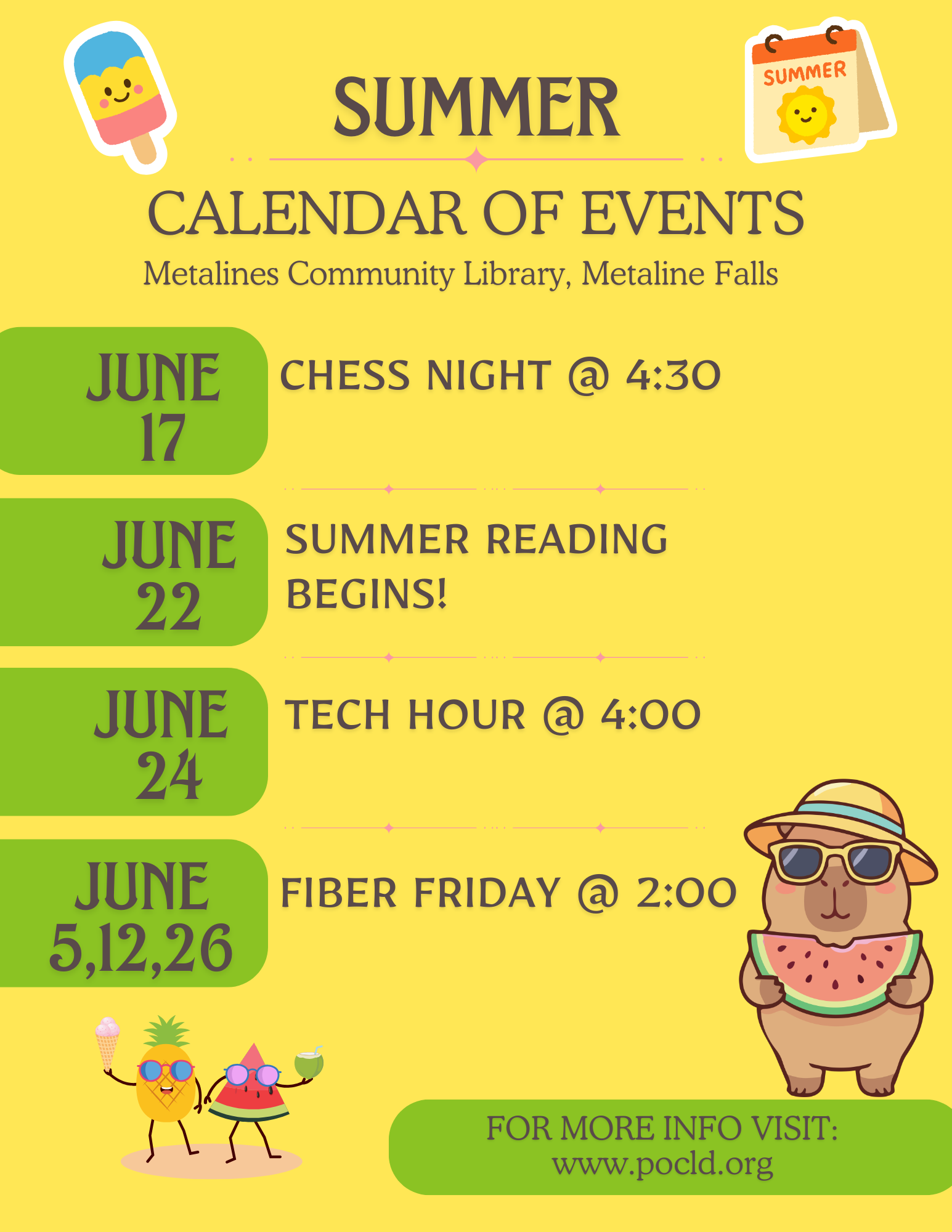 Summer calendar of events at Metalines Community Library, Metaline Falls. Events include chess night on June 17 at 4:30, summer reading begins on June 22, tech hour on June 24 at 4:00, fiber Friday on July 5, 12, 26 at 2:00. The image features cute s