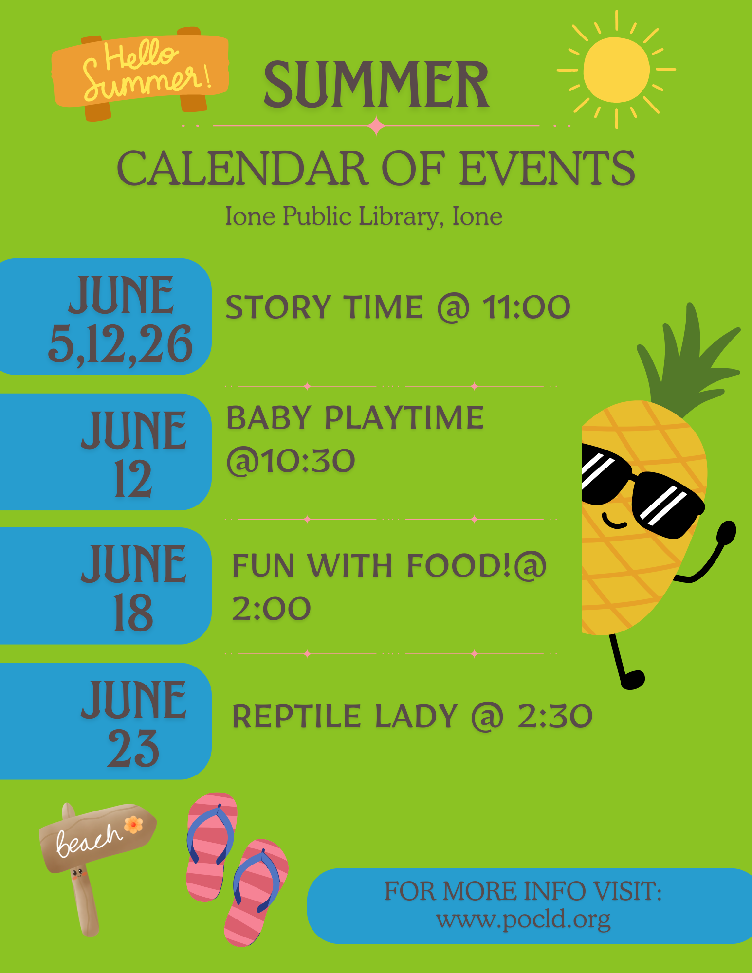 A colorful summer event calendar for the Ione Public Library, featuring dates in June with activities such as story time, fun with food, and reptile lady, including illustrations of the sun, a pineapple wearing sunglasses, a beach sign, flip-flops, a
