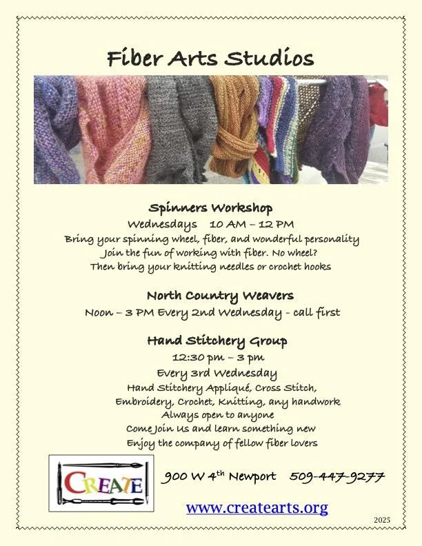 Flyer for Fiber Arts Studios advertising fiber arts workshops, including Spinners Workshop, North Country Weavers, and Hand Stitchery Group, with contact info and website.