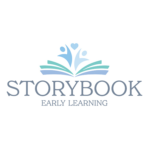 Logo for Storybook Early Learning featuring an open book, stylized figures, and a heart.