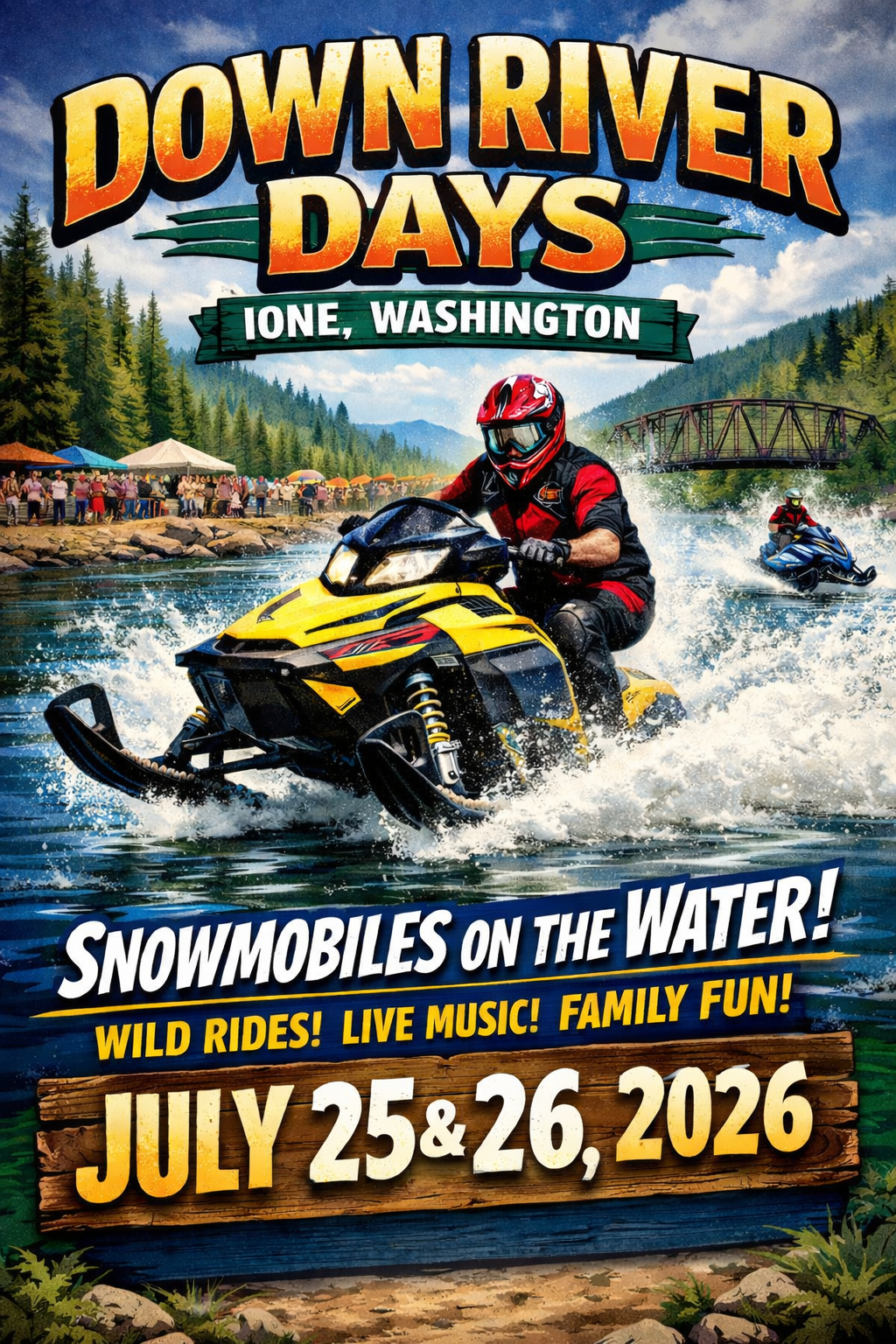 Ione Down River Days: A fabulous event the last weekend of July. Watch either from the water or the shore. Snowmobiles ride across the Pend Oreille River at the Ione City Park. Vendors and Food are on shore. Note to attendees: Get their early and bri