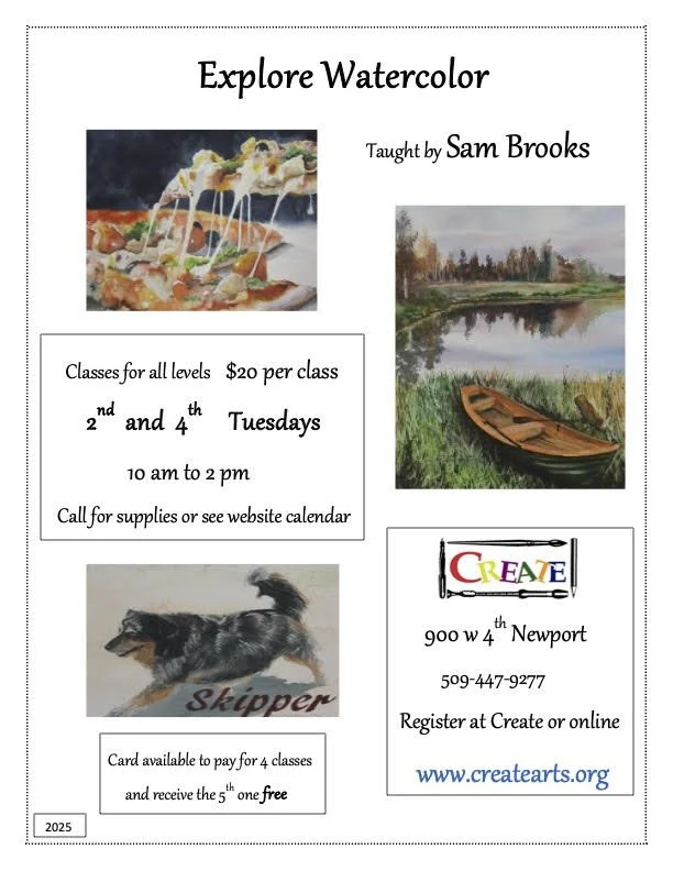 Flyer advertising watercolor art classes taught by Sam Brooks at Create arts in Newport. The flyer includes images of watercolor paintings, a dog labeled "Skipper," and a boat by a lake. Classes cost $20 per session, held on Tuesdays from 10 am to 2 