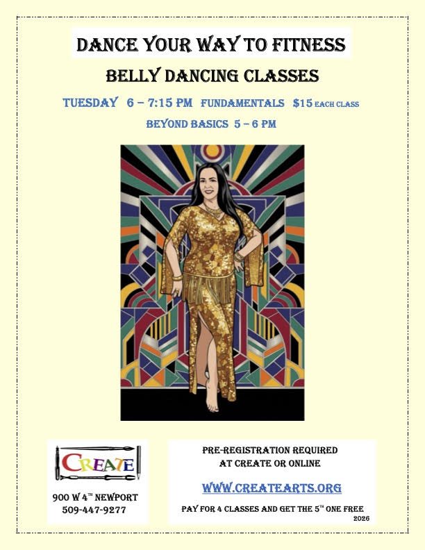 Flyer advertising belly dancing classes on Tuesday evenings, with a woman in a gold outfit, set against a colorful, geometric background.