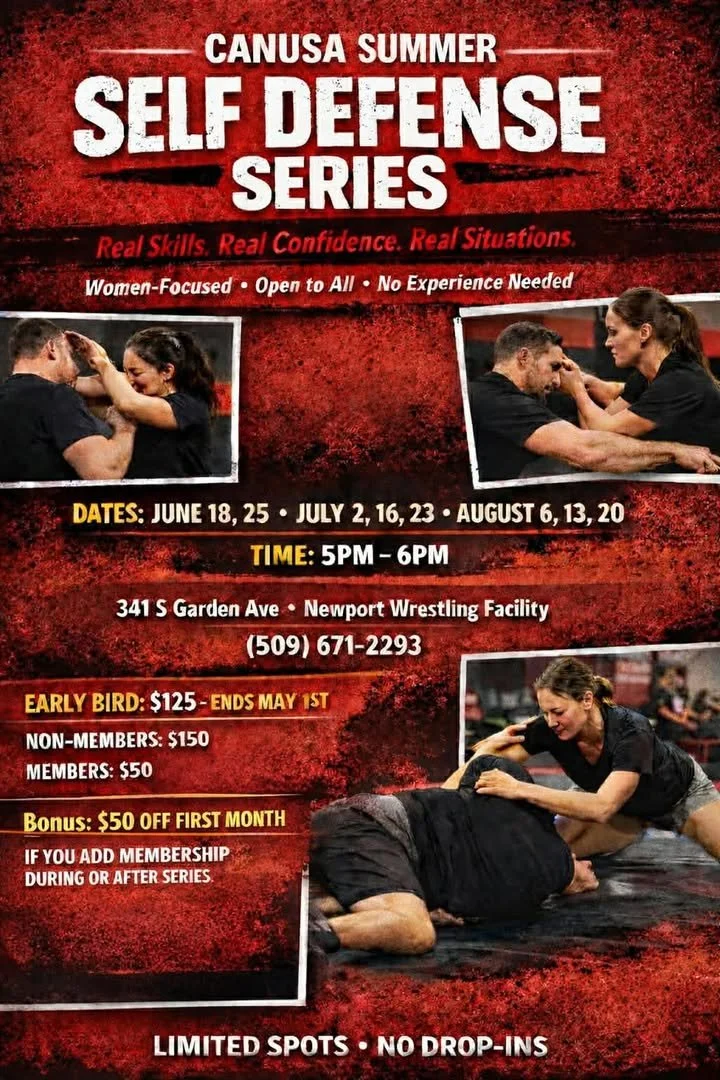 Flyer for Canusa Summer Self Defense Series at Newport Wrestling Facility, featuring dates, times, location, contact info, prices, and photos of women practicing self-defense moves.