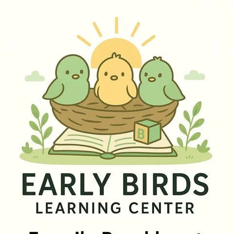 Cartoon illustration of three baby birds in a nest, with a sun shining behind them, above an open book and a block with a letter B. Text reads 'Early Birds Learning Center'.