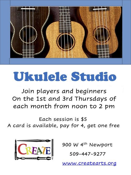 Flyer for Ukulele Studio featuring images of three ukuleles at the top, with details about the classes including schedule, cost, and location.
