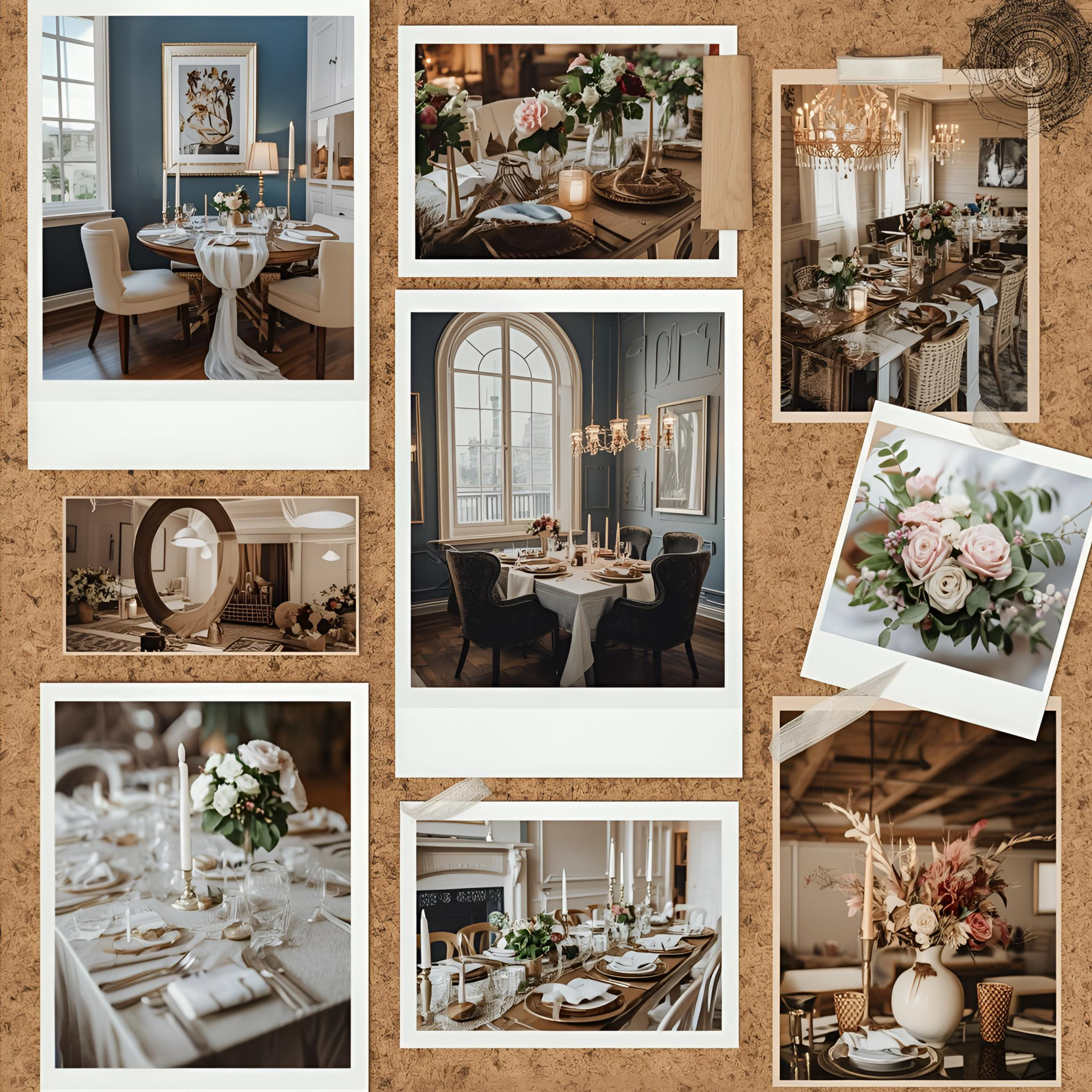Collage of elegant dining room setups with floral centerpieces, candles, and stylish table settings in various refined interior spaces.