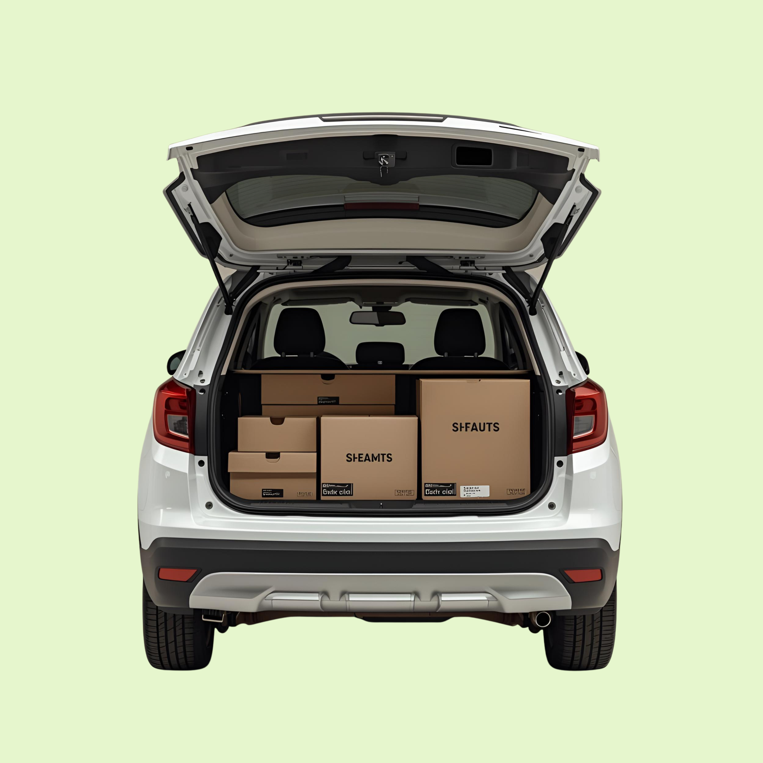 The rear view of a white SUV with its trunk open, filled with brown cardboard boxes labeled with brand names, against a light green background.