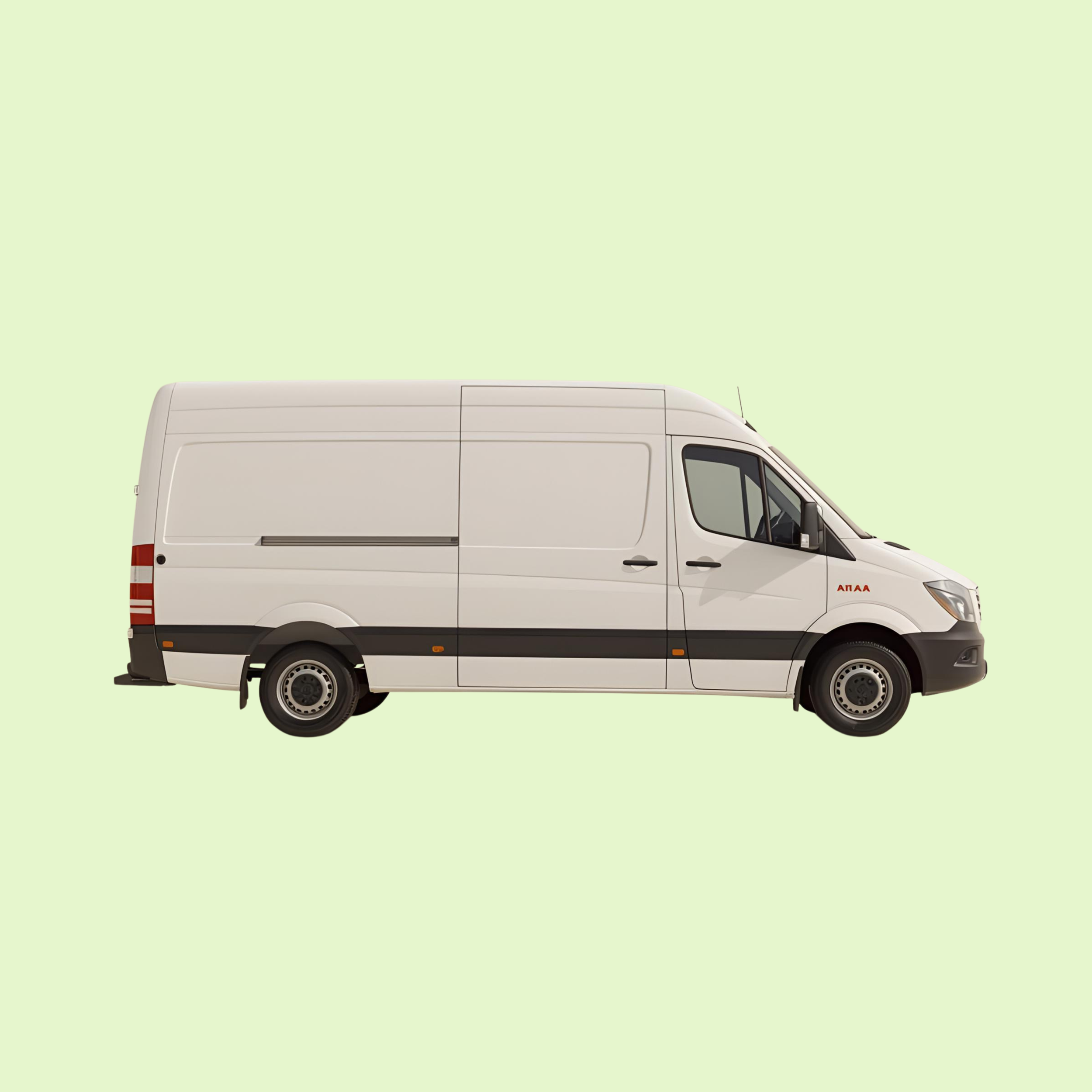 White cargo van with black trim on a light green background.