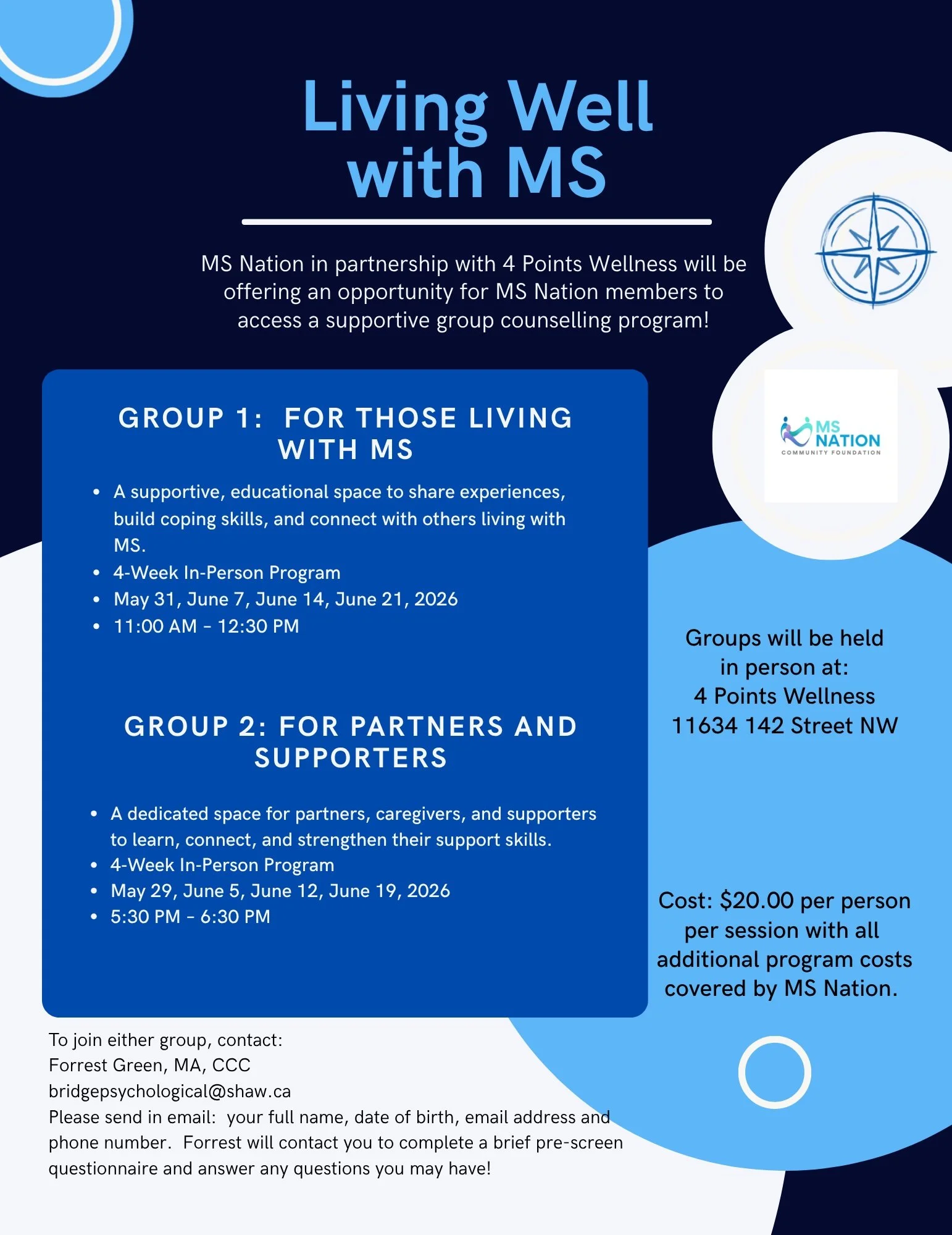 Living Well with MS group counselling program details at 4 Points Wellness Edmonton